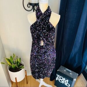 Bardot The Sequin Halter Dress, Black/Multi, Black Tie, Cocktail Party Large NWT